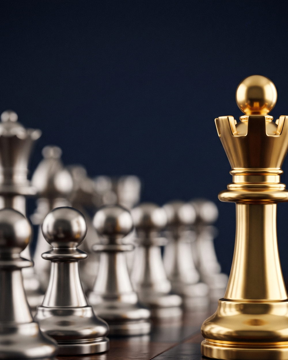 A polished gold piece in sharp focus, the silver ranks held in soft focus behind it